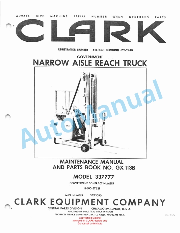 Clark Narrow Aisle Reach Truck Maintenance Manual and Parts Book GX 113B