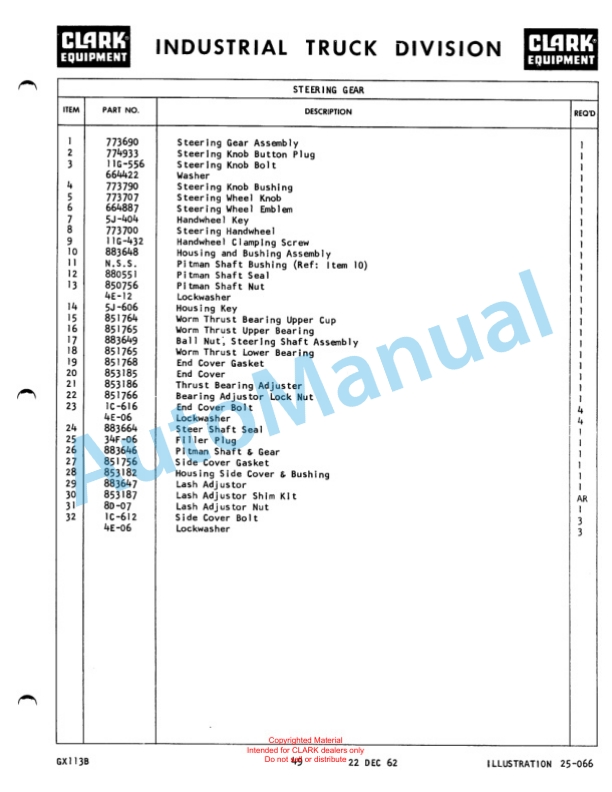 Clark Narrow Aisle Reach Truck Maintenance Manual and Parts Book GX 113B-2