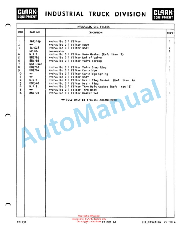 Clark Narrow Aisle Reach Truck Maintenance Manual and Parts Book GX 113B-3