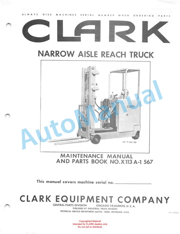 Clark Narrow Aisle Reach Truck Maintenance Manual and Parts Book X113A-1 567