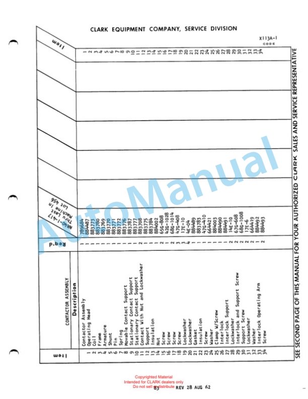 Clark Narrow Aisle Reach Truck Maintenance Manual and Parts Book X113A-1 567-3