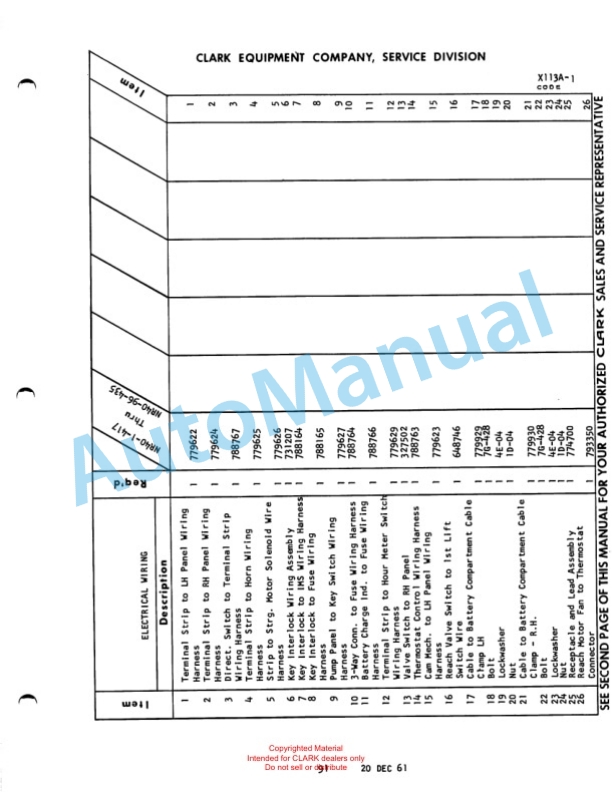 Clark Narrow Aisle Reach Truck Maintenance Manual and Parts Book X113A-1 567-4