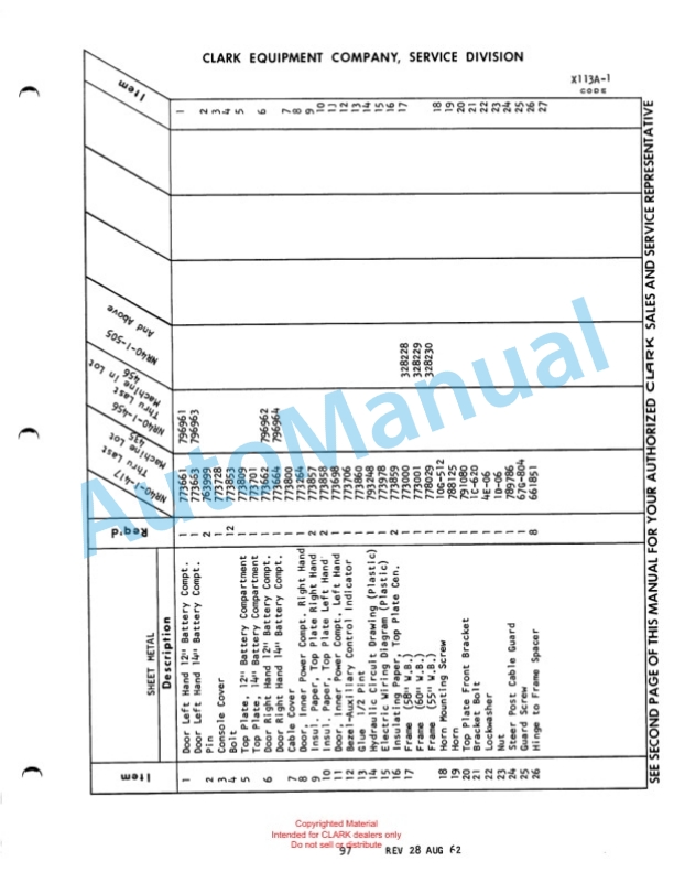 Clark Narrow Aisle Reach Truck Maintenance Manual and Parts Book X113A-1 567-5