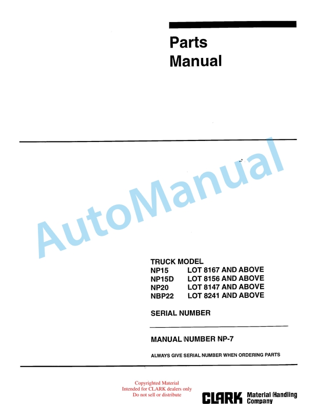 Clark NP15, NP15D, NP20, NBP22 Truck Parts Manual NP-7