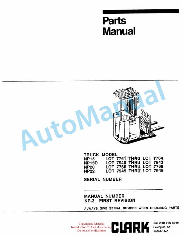 Clark NP15, NP15D, NP20, NP22 Truck Parts Manual NP-3 1st