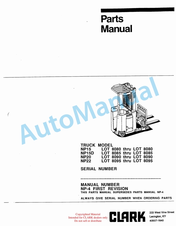 Clark NP15, NP15D, NP20, NP22 Truck Parts Manual NP-4 1st