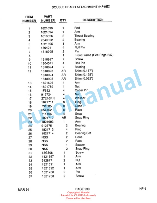 Clark NP15, NP15D, NP20, NP22 Truck Parts Manual NP-6-5
