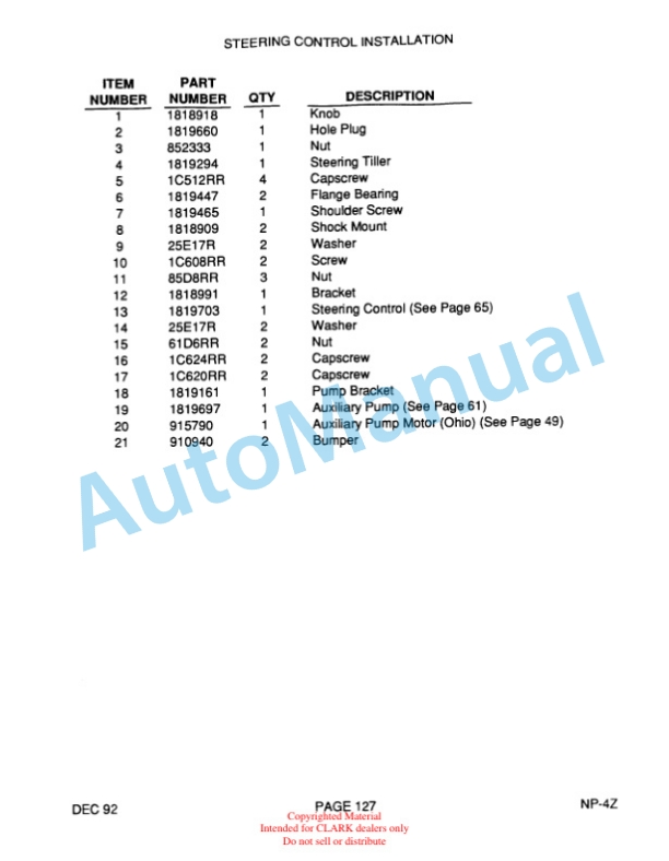 Clark NP15D, NP20, NP22 Truck Parts Manual NP-4Z-4