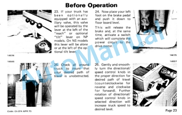 Clark NP300, NP500, NS300 Narrow Aisle Truck W, WO Reach Operator Instructions OI-374-3
