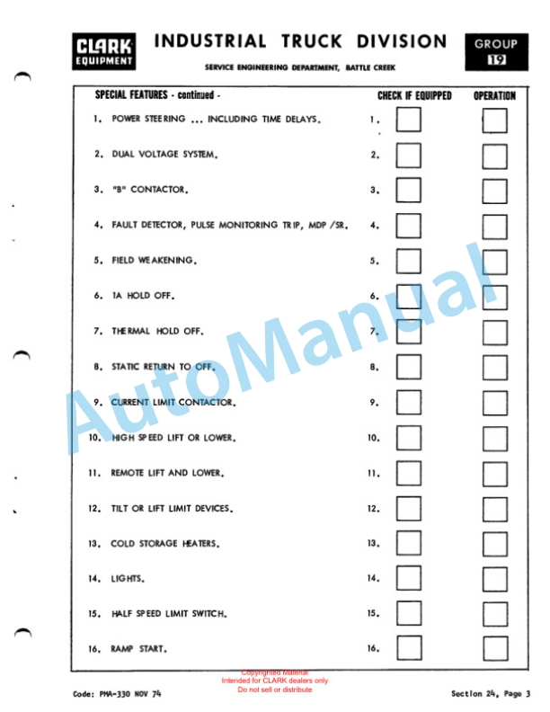 Clark NP500 Narrow Aisle Planned Maintenance and Adjustment Procedures Manual PMA-330-2