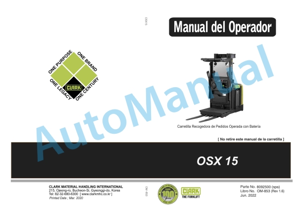 Clark OSX 15 Battery Order Picker Truck Operator Manual OM-853 SPA