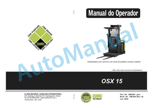 Clark OSX 15 Battery Order Picker Truck Operator Manual OM-854 POR