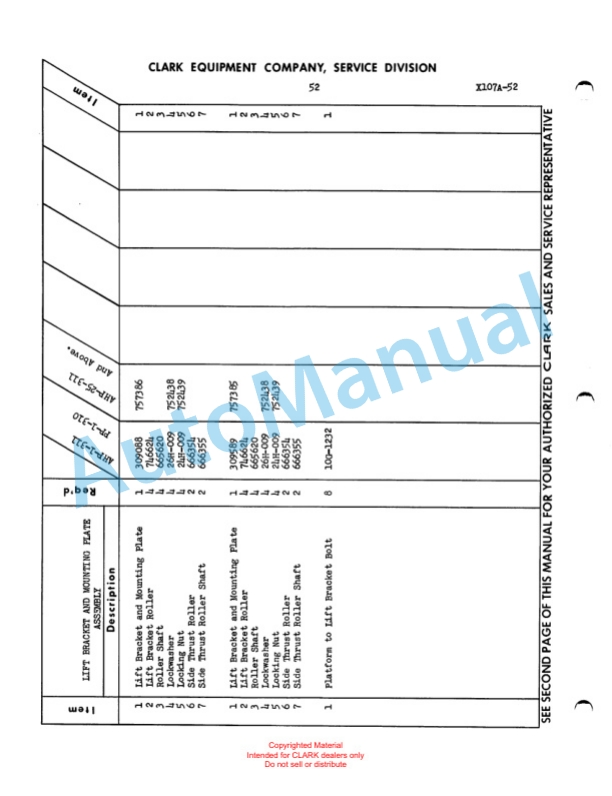 Clark Powrworker Articulating Hi-Lift Platform Maintenance Manual and Parts Book X107A 525-3