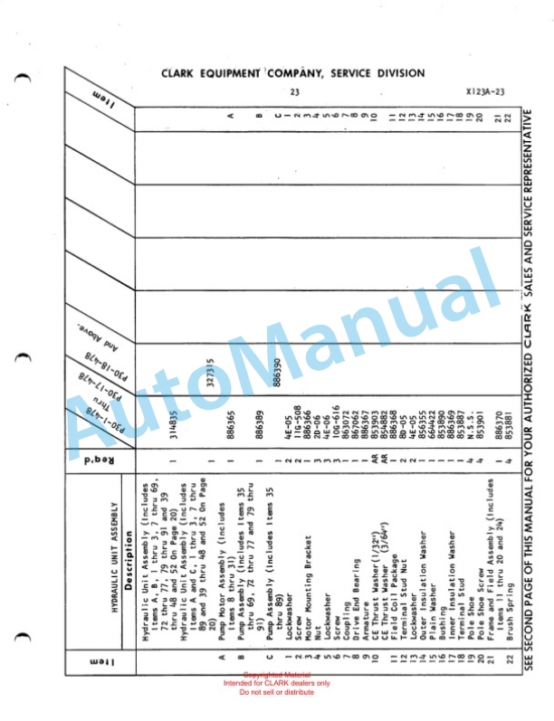 Clark Powrworker P30 Maintenance Manual and Parts Book X123A-3
