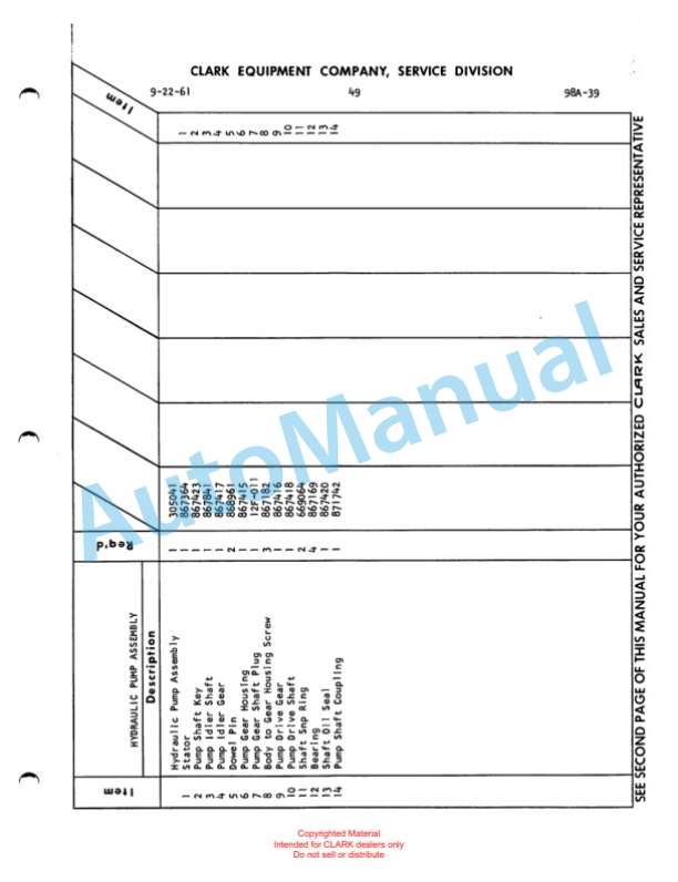 Clark Powrworker Rider Straddle Stacker Maintenance Manual and Parts Book X110A-2