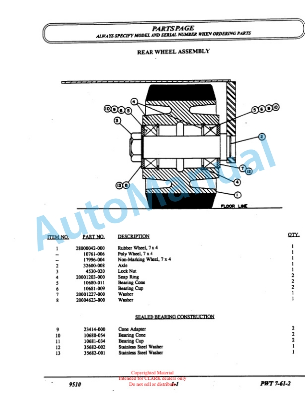 Clark PWT 7 Parts Manual X-169-3