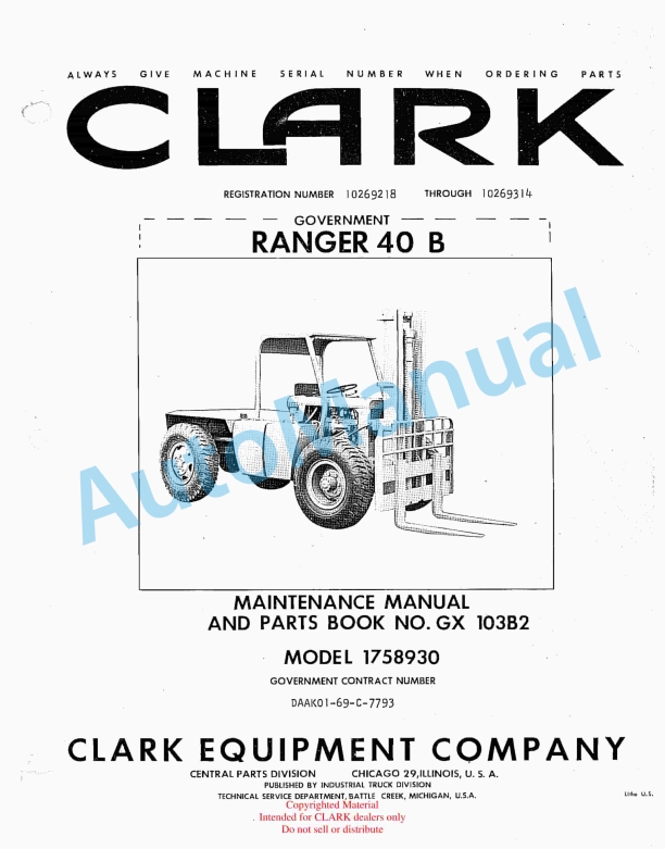 Clark Ranger 40B Maintenance Manual and Parts Book GX103B2