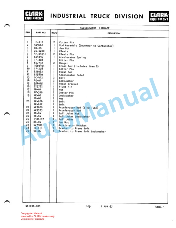 Clark Ranger 60B Maintenance Manual and Parts Book GX103B-3