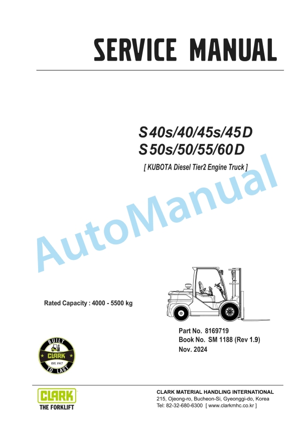 Clark S 40s D, S 40 D, S 45s D, S 45 D, S 50s D, S 50 D, S 55 D, S 60 D Service Manual SM-1188