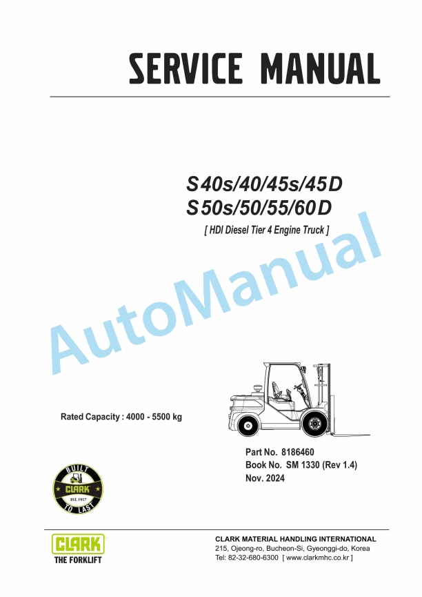 Clark S 40s D, S 40 D, S 45s D, S 45 D, S 50s D, S 50 D, S 55 D, S 60 D Service Manual SM-1330