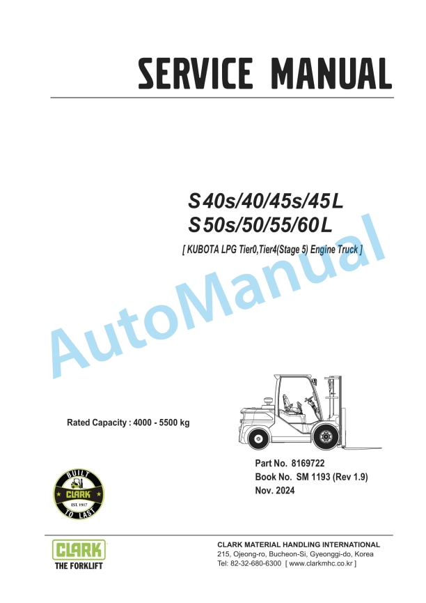 Clark S 40s L, S 40 L, S 45s L, S 45 L, S 50s L, S 50 L, S 55 L, S 60 L Service Manual SM-1193