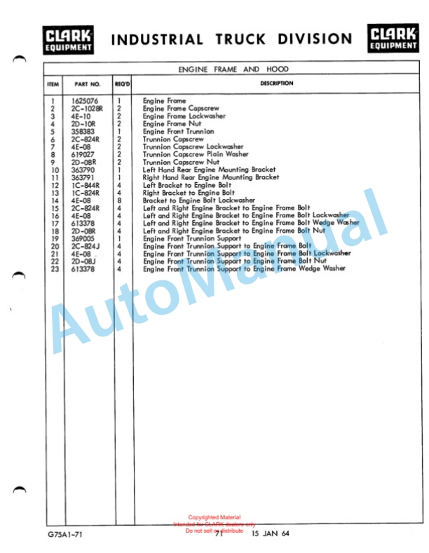 Clark Series 100 Straddle Carrier Maintenance Manual and Parts Book GX75A1-2