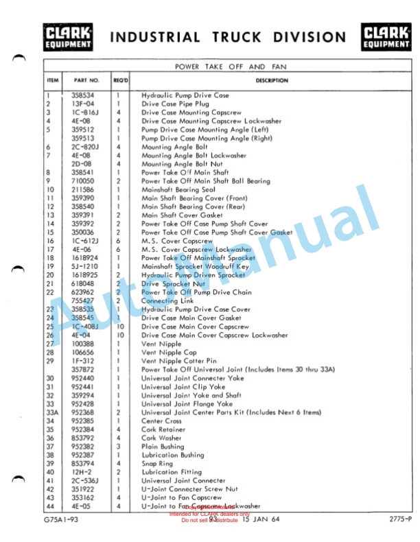 Clark Series 100 Straddle Carrier Maintenance Manual and Parts Book GX75A1-3