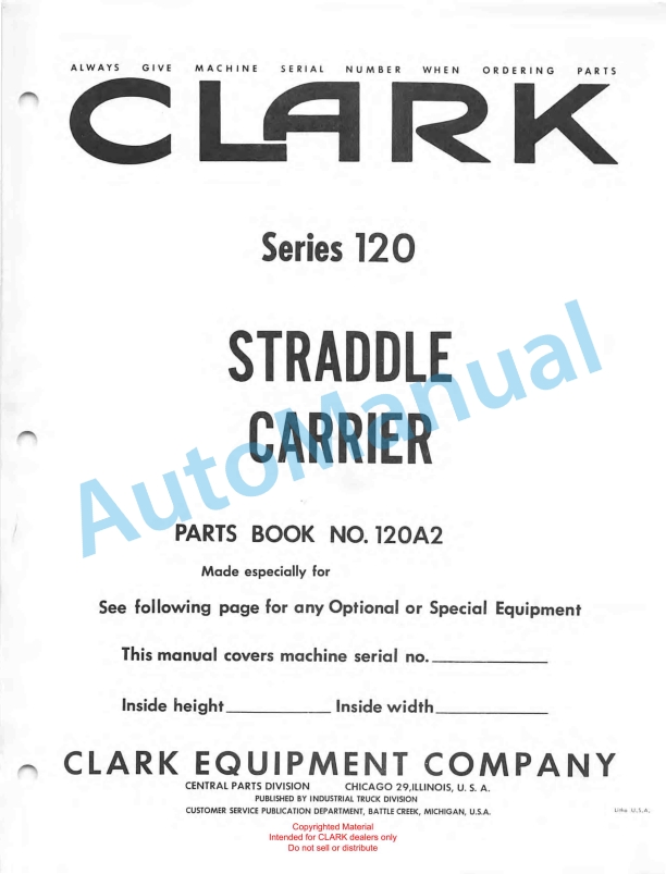 Clark Series 120 Straddle Carrier Parts Book 120A2