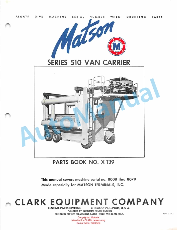 Clark Series 510 Van Carrier Parts Book X139