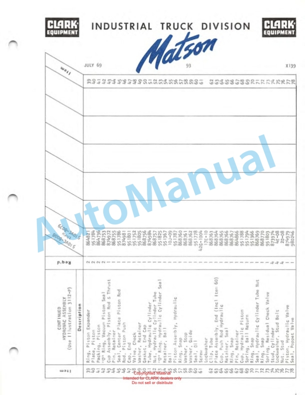 Clark Series 510 Van Carrier Parts Book X139-2