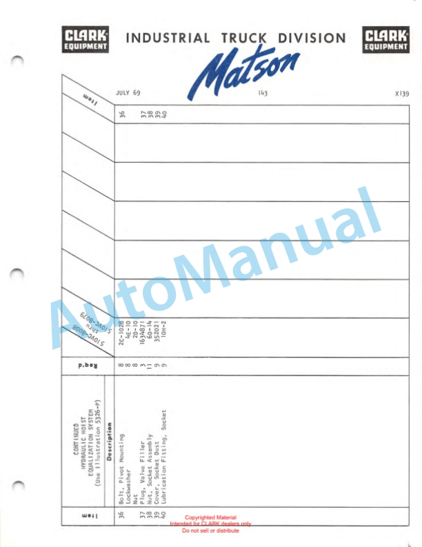 Clark Series 510 Van Carrier Parts Book X139-4