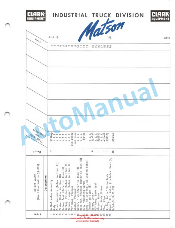 Clark Series 510 Van Carrier Parts Book X139-5
