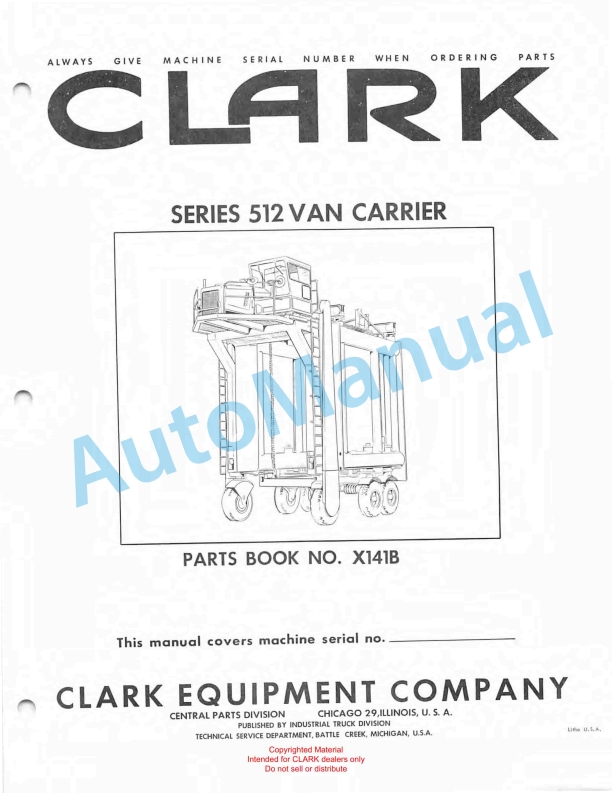 Clark Series 512 Van Carrier Parts Book X141B