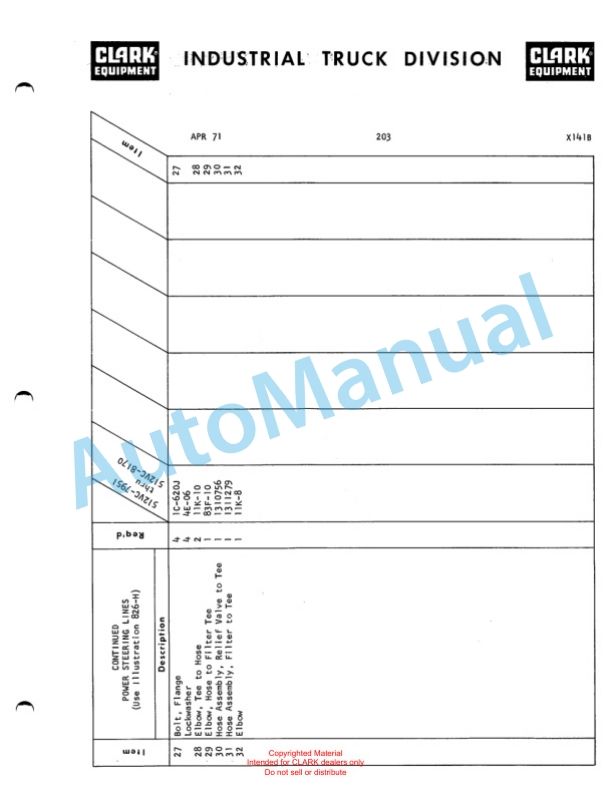 Clark Series 512 Van Carrier Parts Book X141B-3