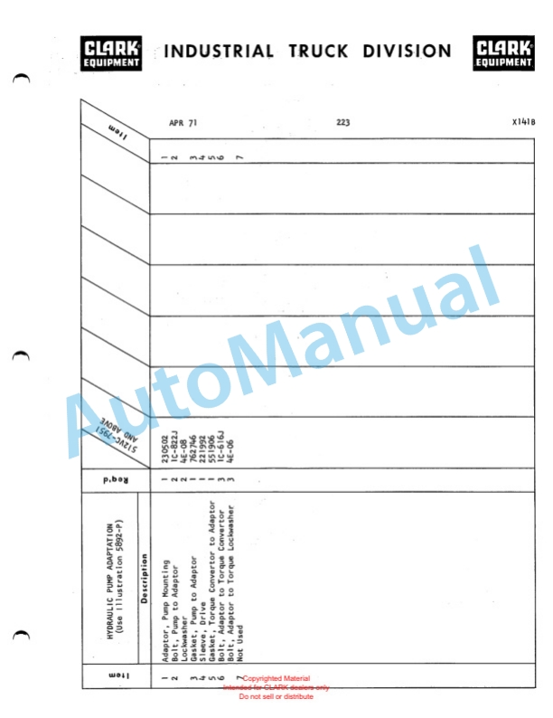 Clark Series 512 Van Carrier Parts Book X141B-4