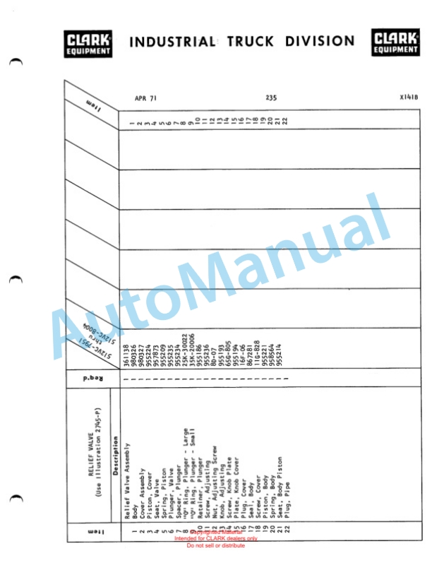 Clark Series 512 Van Carrier Parts Book X141B-5