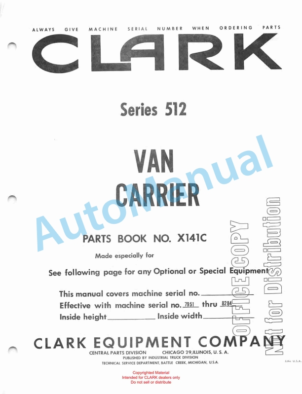 Clark Series 512 Van Carrier Parts Book X141C