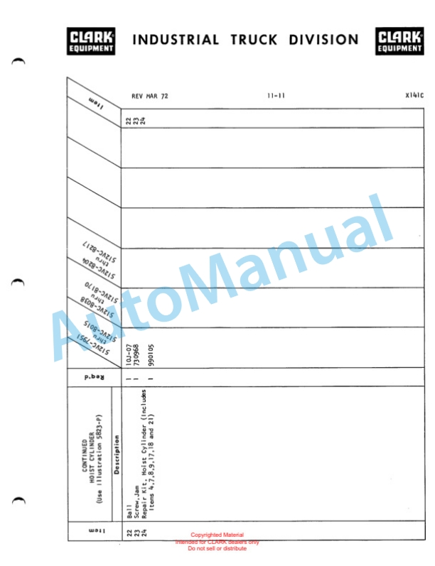 Clark Series 512 Van Carrier Parts Book X141C-2
