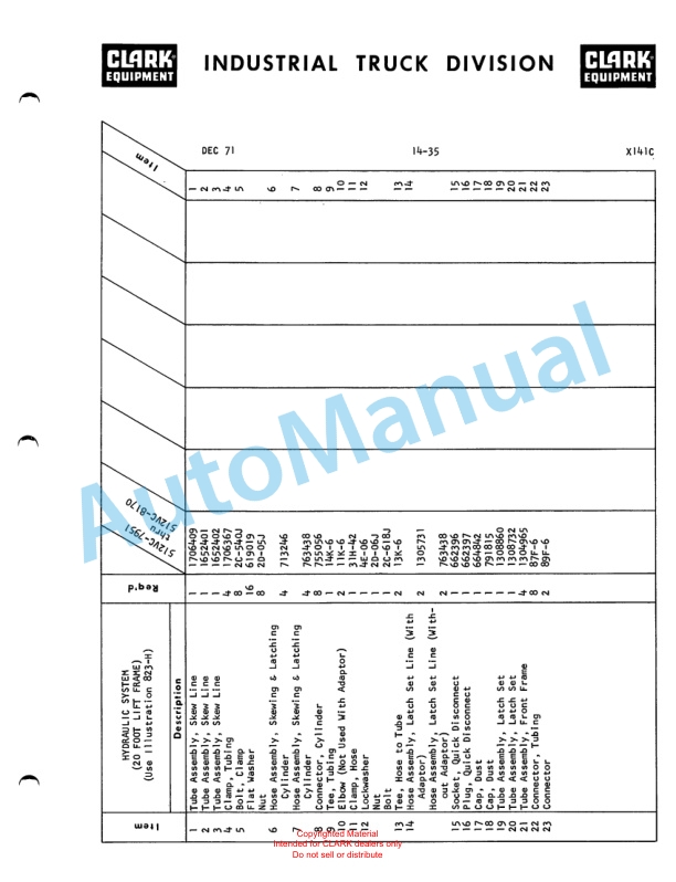 Clark Series 512 Van Carrier Parts Book X141C-3