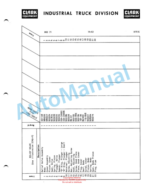 Clark Series 512 Van Carrier Parts Book X141C-4