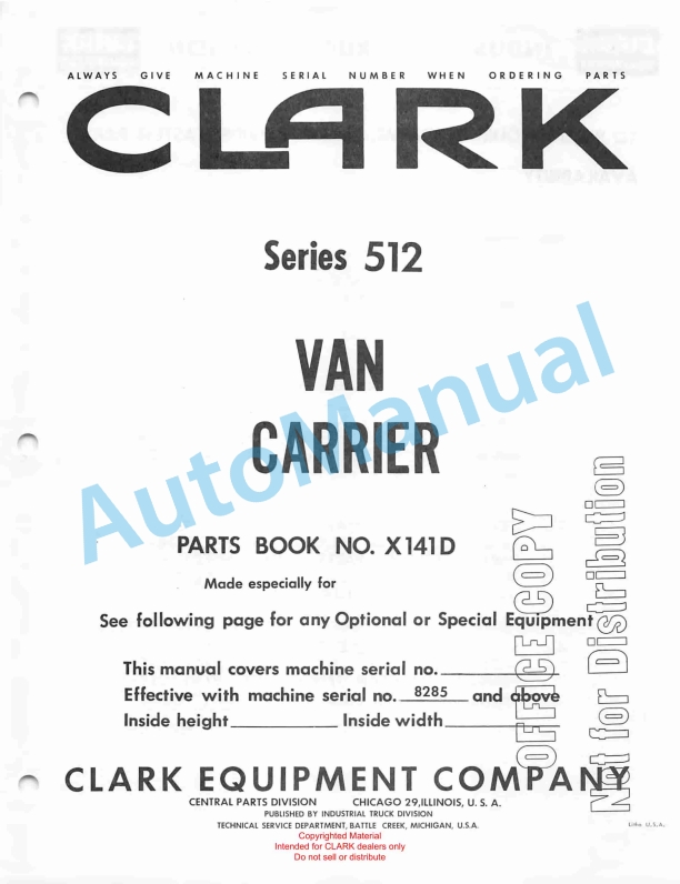 Clark Series 512 Van Carrier Parts Book X141D