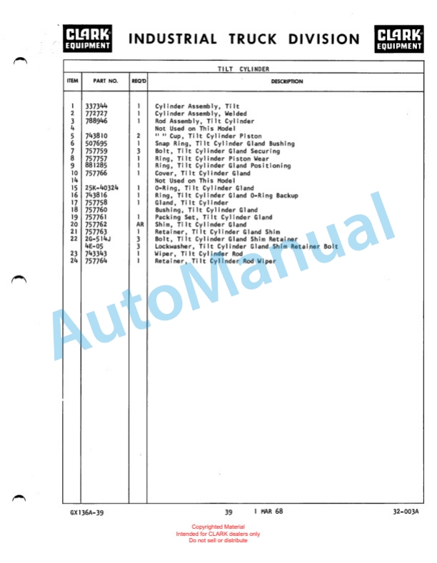 Clark ST-25 Maintenance Manual and Parts Book GX 136A-3