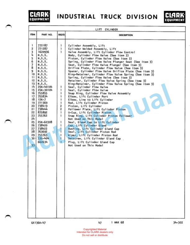 Clark ST-25 Maintenance Manual and Parts Book GX 136A-5