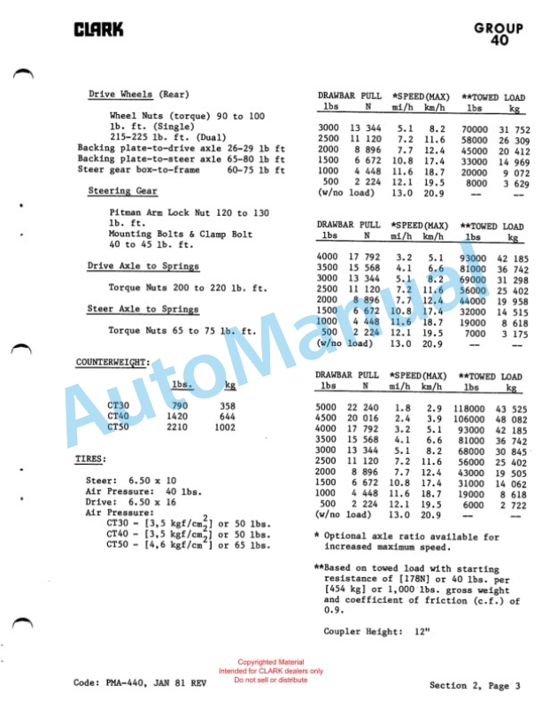 Clark Tow Tractor 3000, 4000, 5000 LBS Planned Maintenance and Adjustment Procedures Manual PMA-440-5