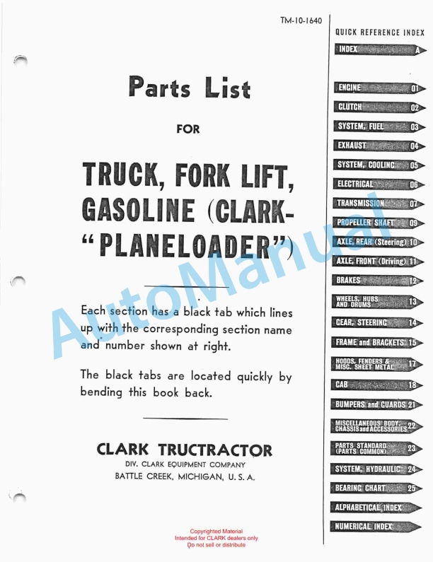 Clark Truck, Forklift, Gasoline Part List TM-10-1640