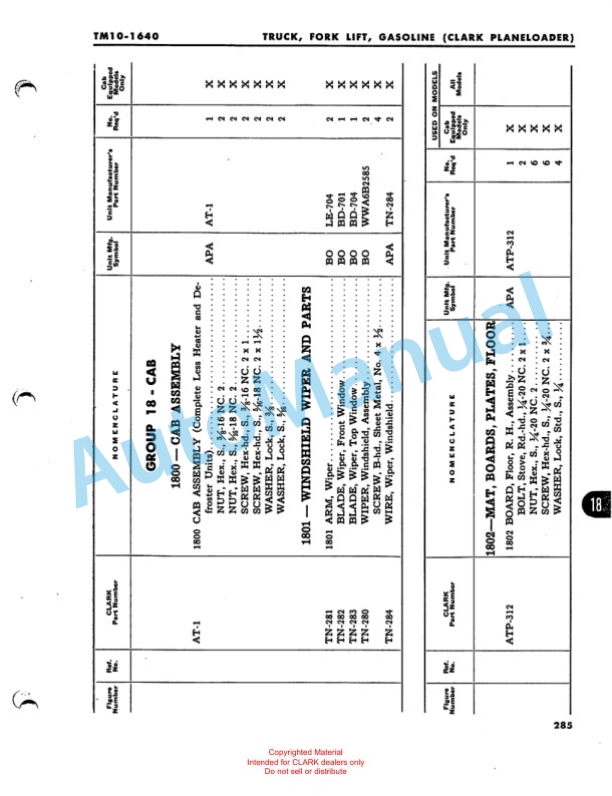 Clark Truck, Forklift, Gasoline Part List TM-10-1640-3