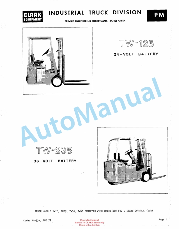 Clark TW 125 24-Volt Battery, TW 235 36-Volt Battery Service Manual PMA-334