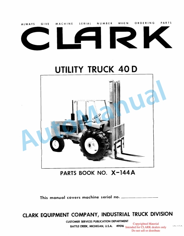 Clark Utility Truck 40D Parts Book X-144A