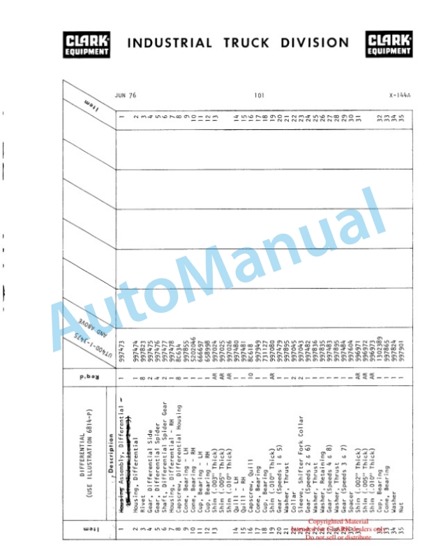 Clark Utility Truck 40D Parts Book X-144A-2