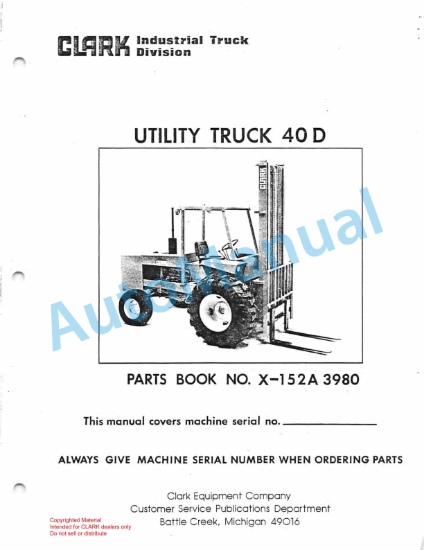 Clark Utility Truck 40D Parts Book X152A 3980